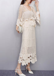 Graceful Beige Hollow Out Crochet Lace Two Pieces Set Fall