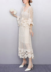 Graceful Beige Hollow Out Crochet Lace Two Pieces Set Fall