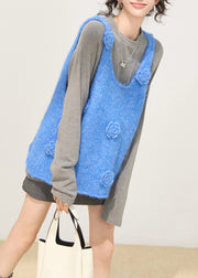 Gradient Blue Floral Knit Vests Oversized Winter