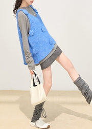 Gradient Blue Floral Knit Vests Oversized Winter