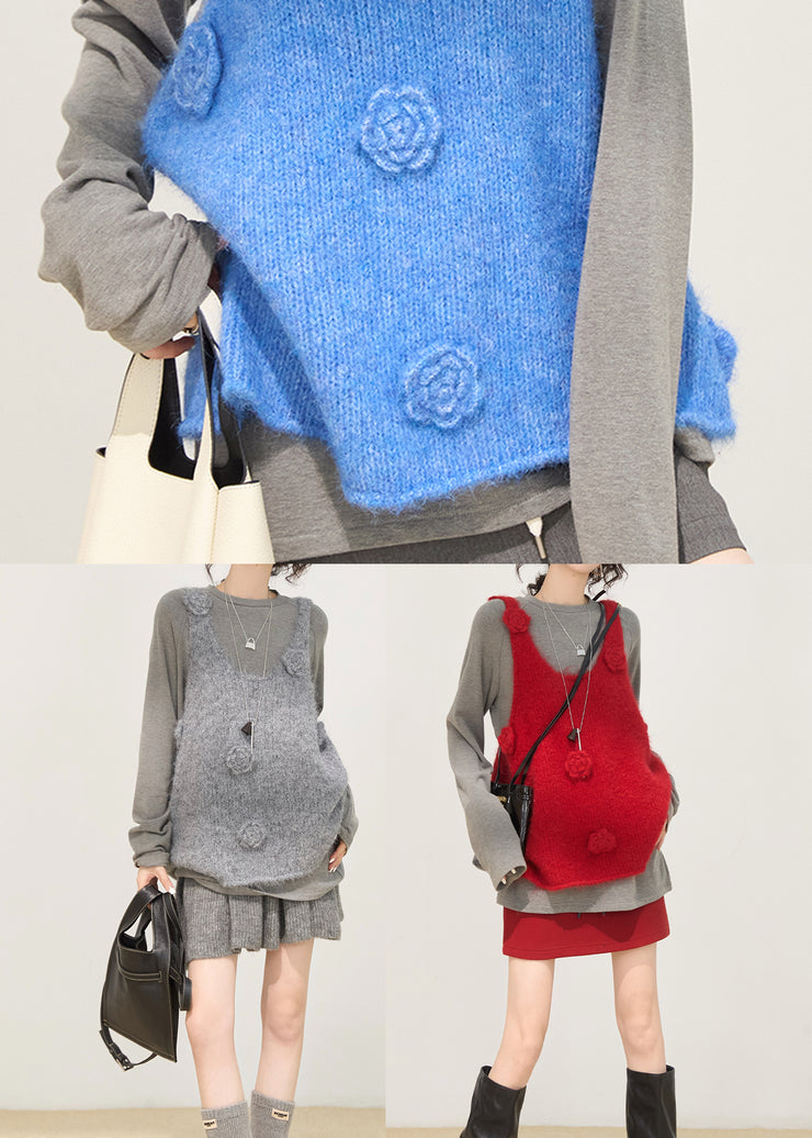 Gradient Blue Floral Knit Vests Oversized Winter