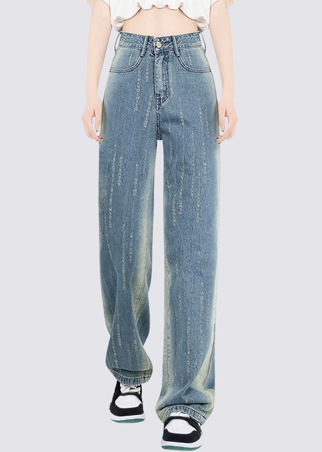 Gradient Color Blue Pockets Patchwork High Waist Straight Jeans