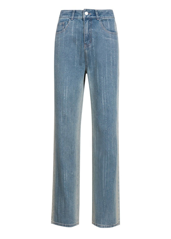 Gradient Color Blue Pockets Patchwork High Waist Straight Jeans