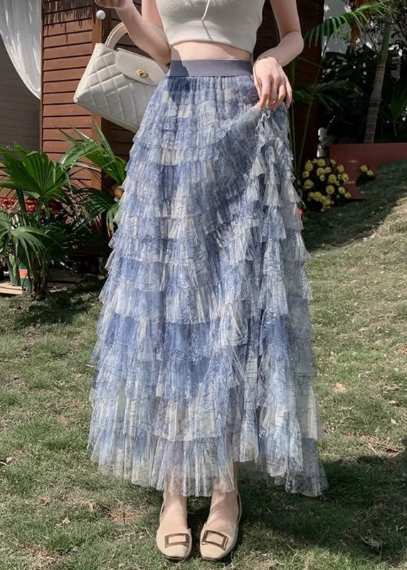 Gradient Color Blue Tie Dye Tulle Maxi Cake Skirt Summer