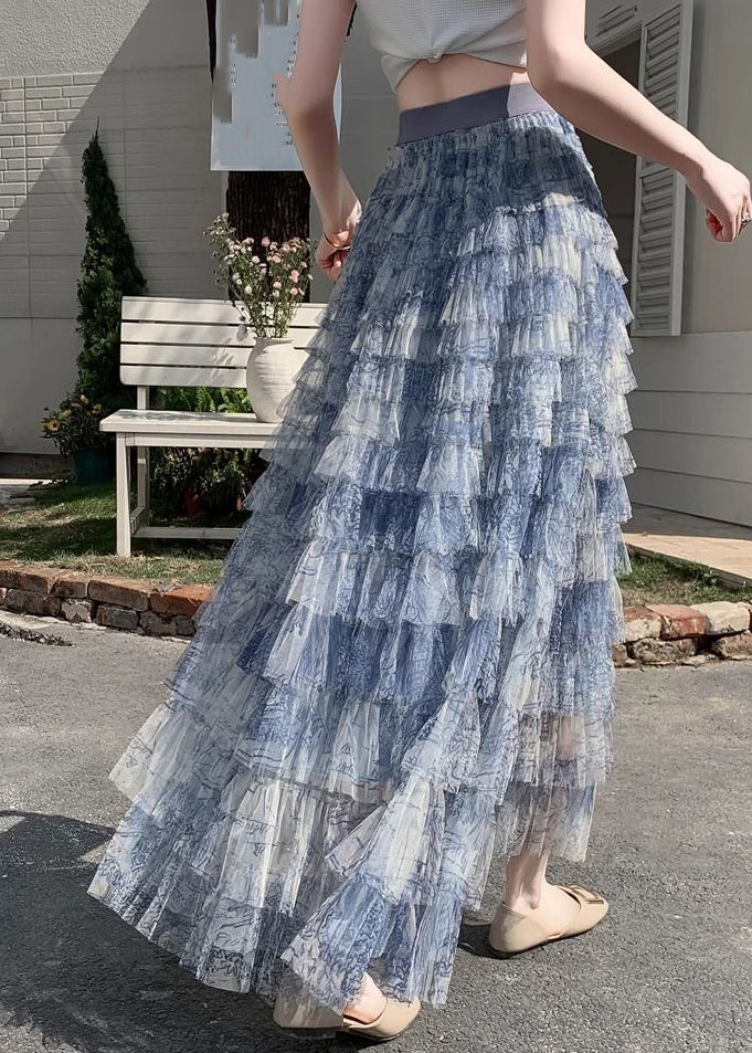 Gradient Color Blue Tie Dye Tulle Maxi Cake Skirt Summer