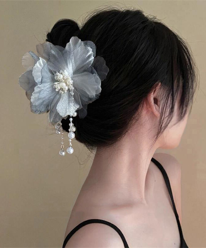 Gradient Color Blue Tulle Pearl Floral Tassel Hairpin
