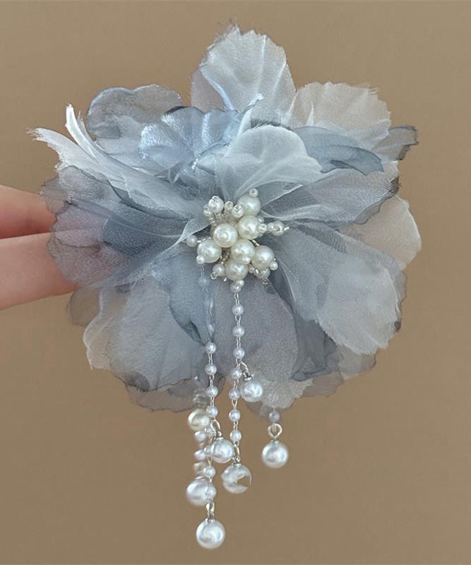 Gradient Color Blue Tulle Pearl Floral Tassel Hairpin