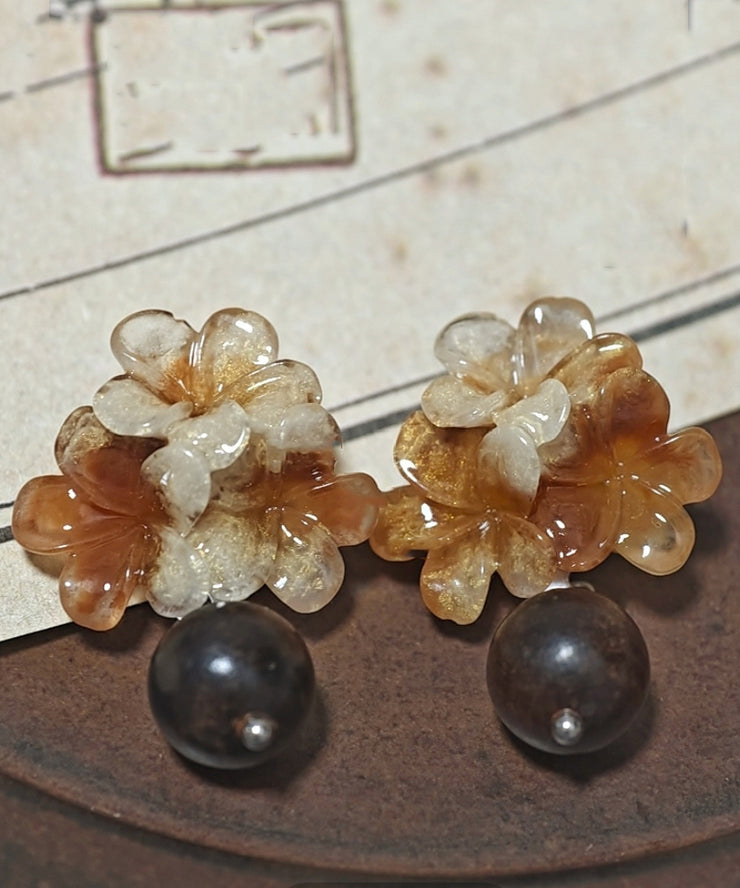 Gradient Color Brown Copper Floral Resin Drop Earrings