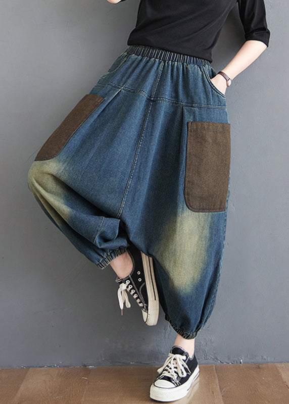 Gradient Color Denim Blue Elastic Waist Harem Pants Summer
