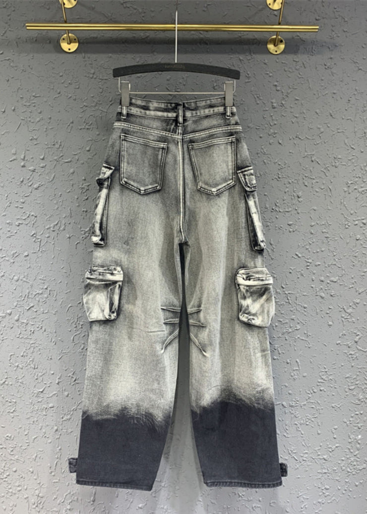 Gradient Color Grey Pockets Patchwork Straight Jeans Fall
