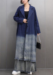 Gradient Color Navy Notched Denim Long Trench Coats And Wide Leg Pants Two Pieces Set Fall