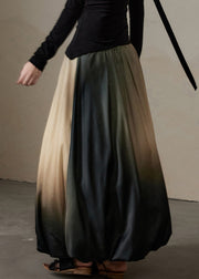 Gradient Color Patchwork Elastic Waist Silk Cotton Maxi Skirt Fall