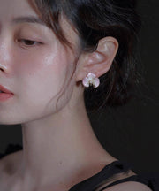 Gradient Color Pink Copper Overgild Pearl Floral Stud Earrings