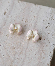 Gradient Color Pink Copper Overgild Pearl Floral Stud Earrings