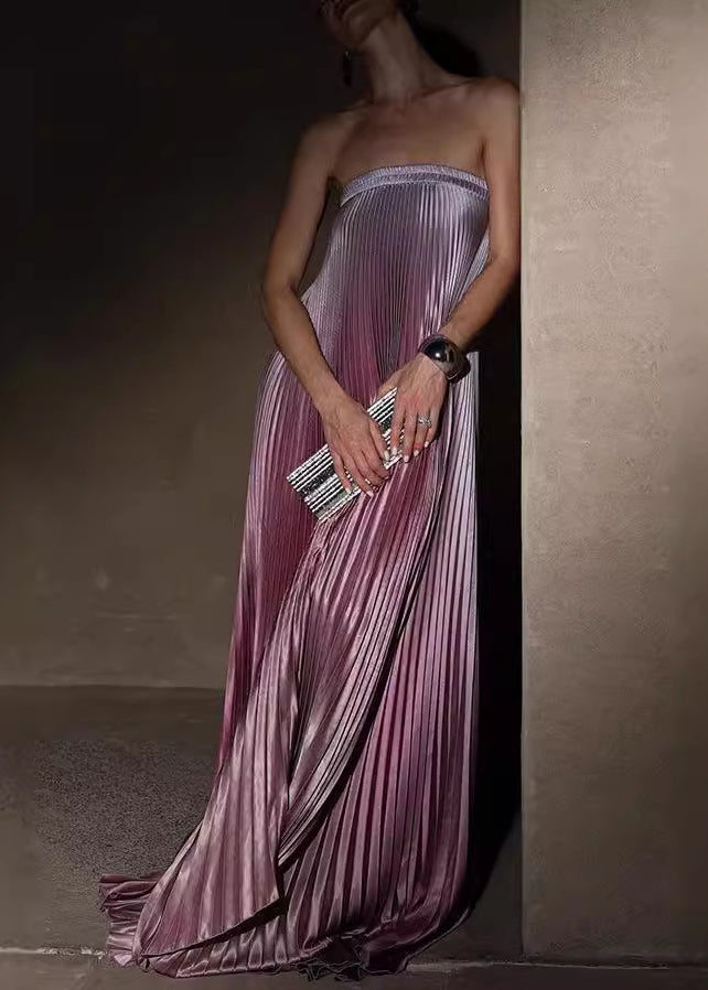 Gradient Color Purple Bustier Top Wrinkled Long Dress Sleeveless
