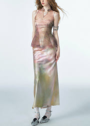 Gradient Color Side Open Silk Spaghetti Strap Dress Cold Shoulder Summer