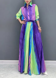 Gradient Color Striped Cotton Women Pleated Sets 2 Pieces Fall