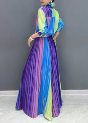 Gradient Color Striped Cotton Women Pleated Sets 2 Pieces Fall