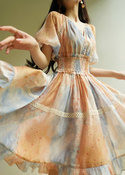 Gradient Color V Neck Patchwork Elastic Waist Long Dress Short Sleeve