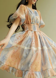 Gradient Color V Neck Patchwork Elastic Waist Long Dress Short Sleeve