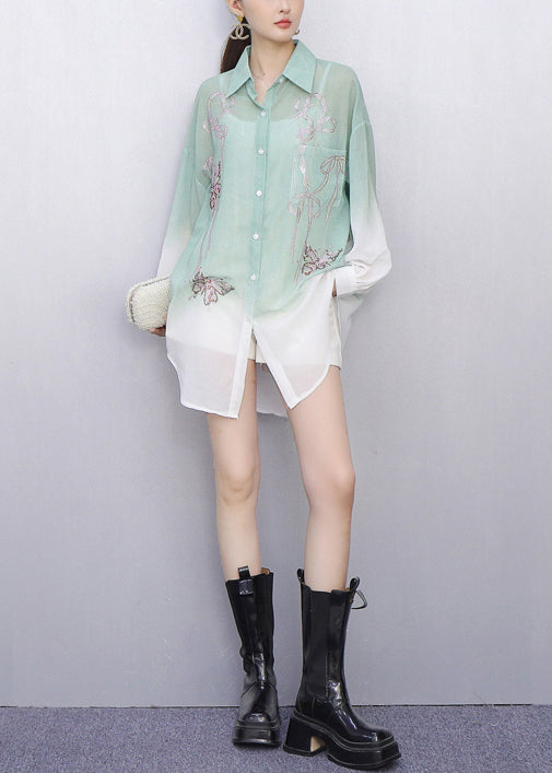 Gradient Green Butterfly Decorated Shirt Long Sleeve