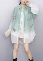Gradient Green Butterfly Decorated Shirt Long Sleeve