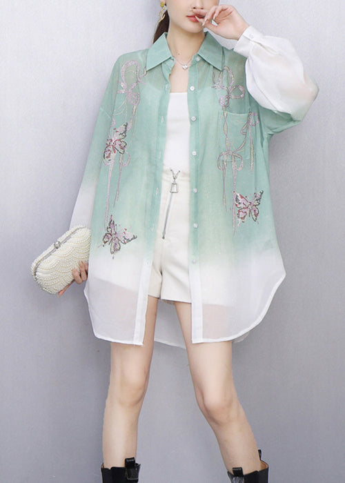 Gradient Green Butterfly Decorated Shirt Long Sleeve