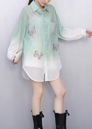 Gradient Green Butterfly Decorated Shirt Long Sleeve
