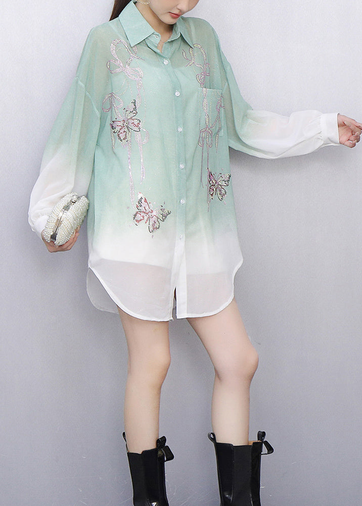Gradient Green Butterfly Decorated Shirt Long Sleeve