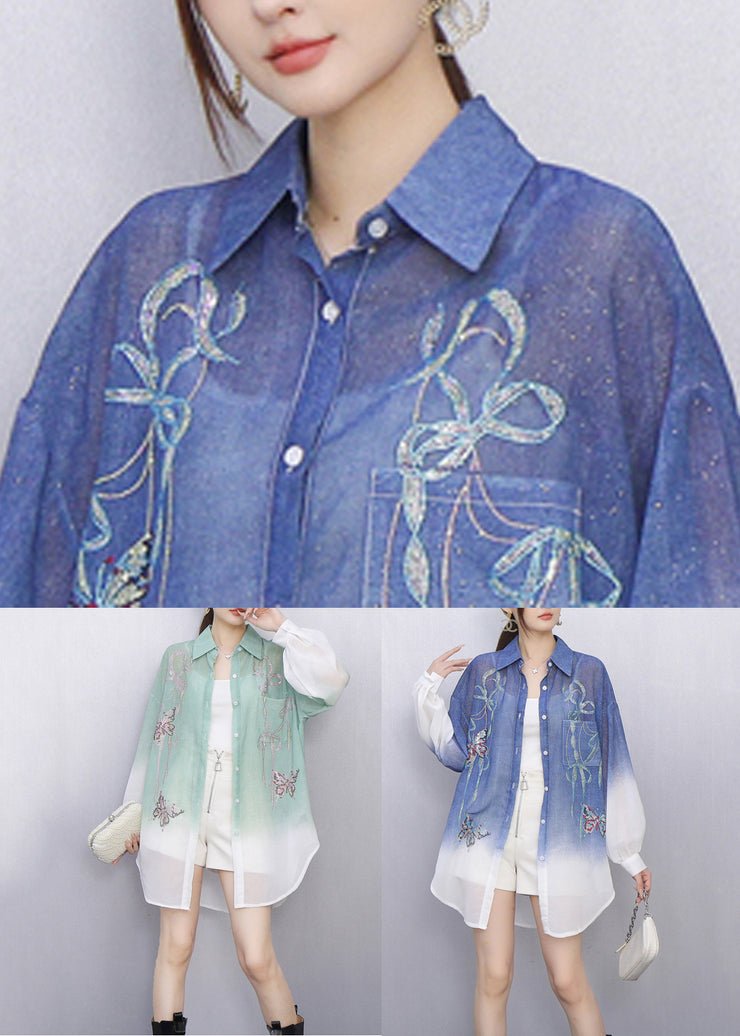 Gradient Green Butterfly Decorated Shirt Long Sleeve