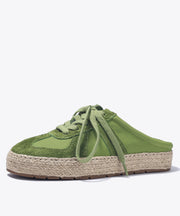 Grass Green Platform Cowhide Leather Lace Up Splicing Slide Sandals