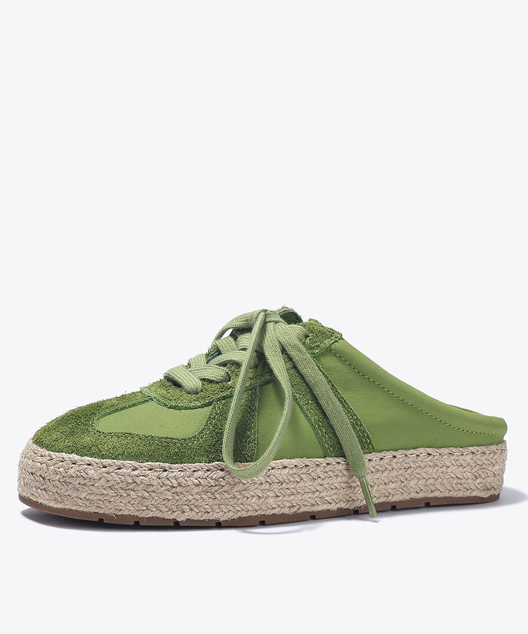 Grass Green Platform Cowhide Leather Lace Up Splicing Slide Sandals