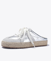 Grass Green Platform Cowhide Leather Lace Up Splicing Slide Sandals