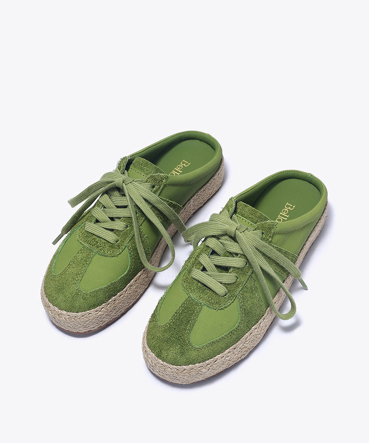 Grass Green Platform Cowhide Leather Lace Up Splicing Slide Sandals