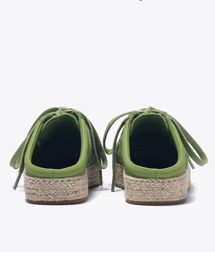 Grass Green Platform Cowhide Leather Lace Up Splicing Slide Sandals