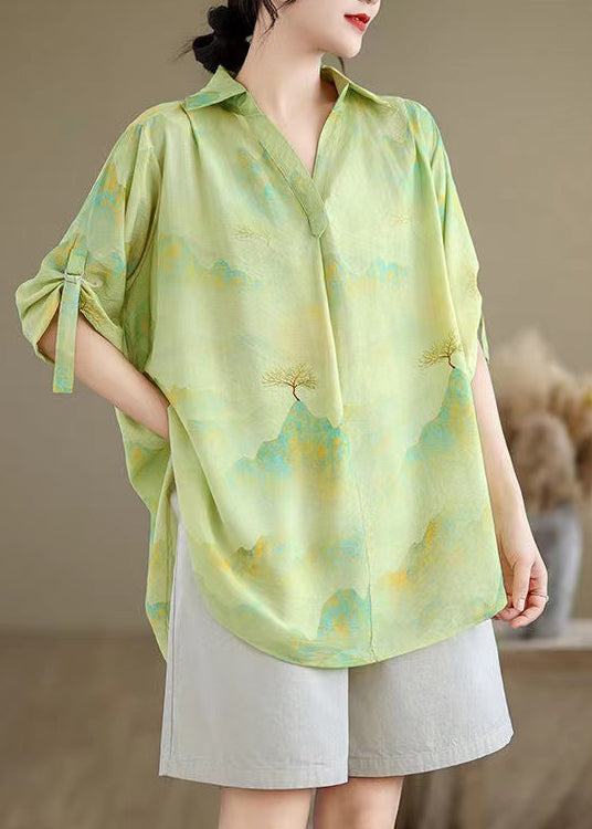 Grass Green Print Chiffon Shirt Oversized Half Sleeve