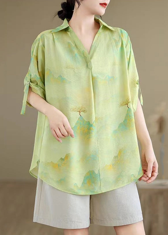 Grass Green Print Chiffon Shirt Oversized Half Sleeve