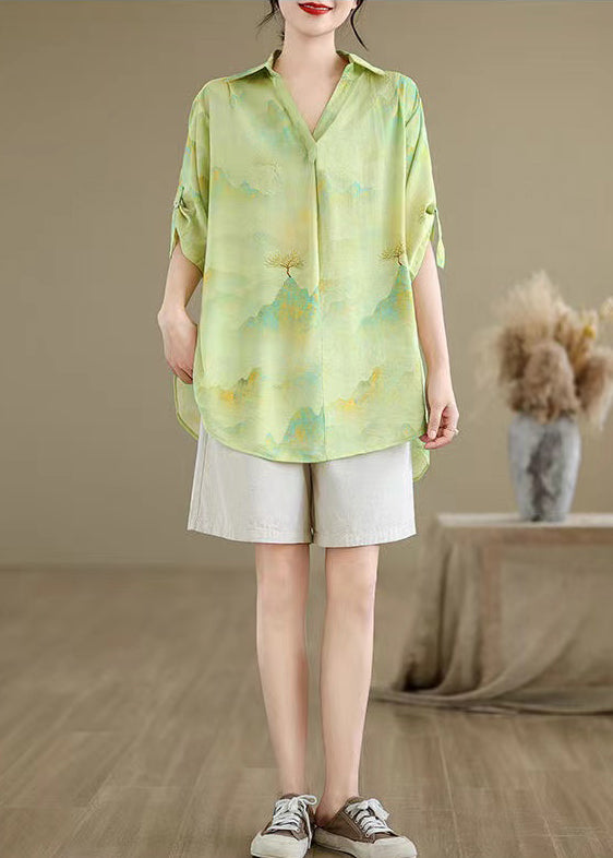 Grass Green Print Chiffon Shirt Oversized Half Sleeve