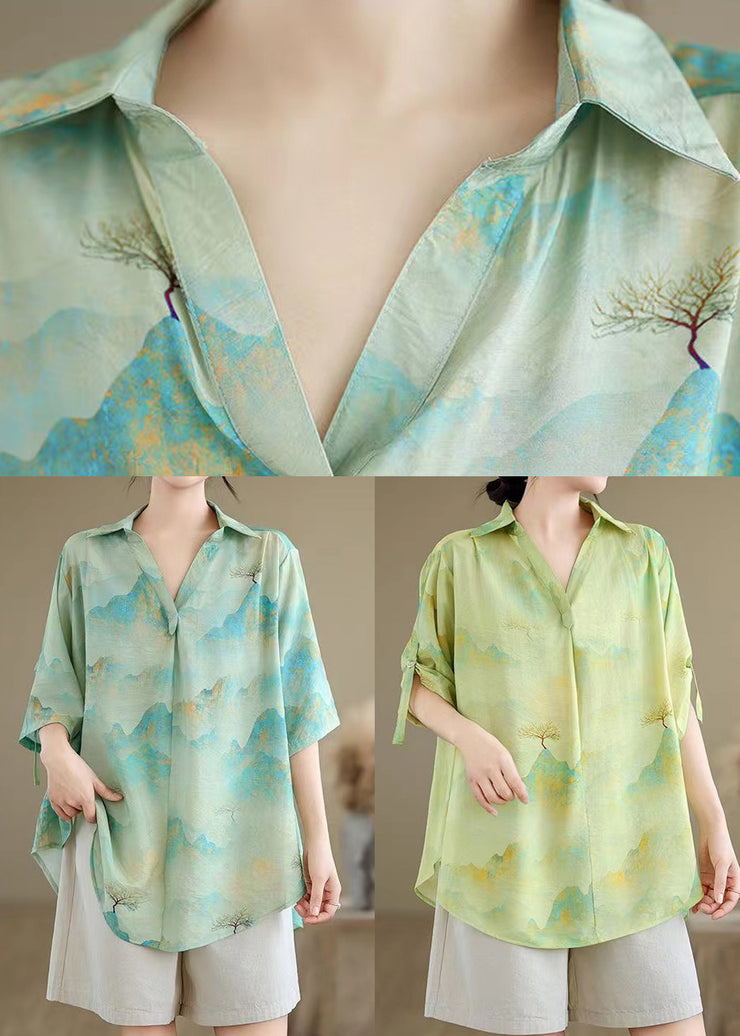Grass Green Print Chiffon Shirt Oversized Half Sleeve