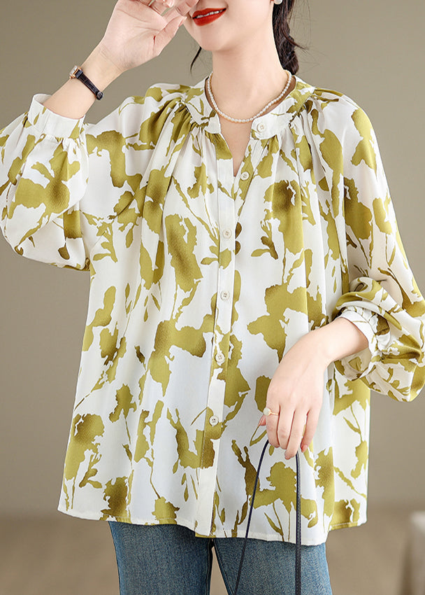 Grass Green Print Chiffon Shirts Oversized Lantern Sleeve