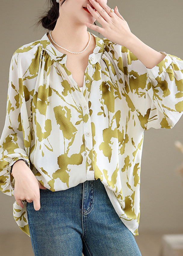 Grass Green Print Chiffon Shirts Oversized Lantern Sleeve