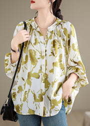 Grass Green Print Chiffon Shirts Oversized Lantern Sleeve