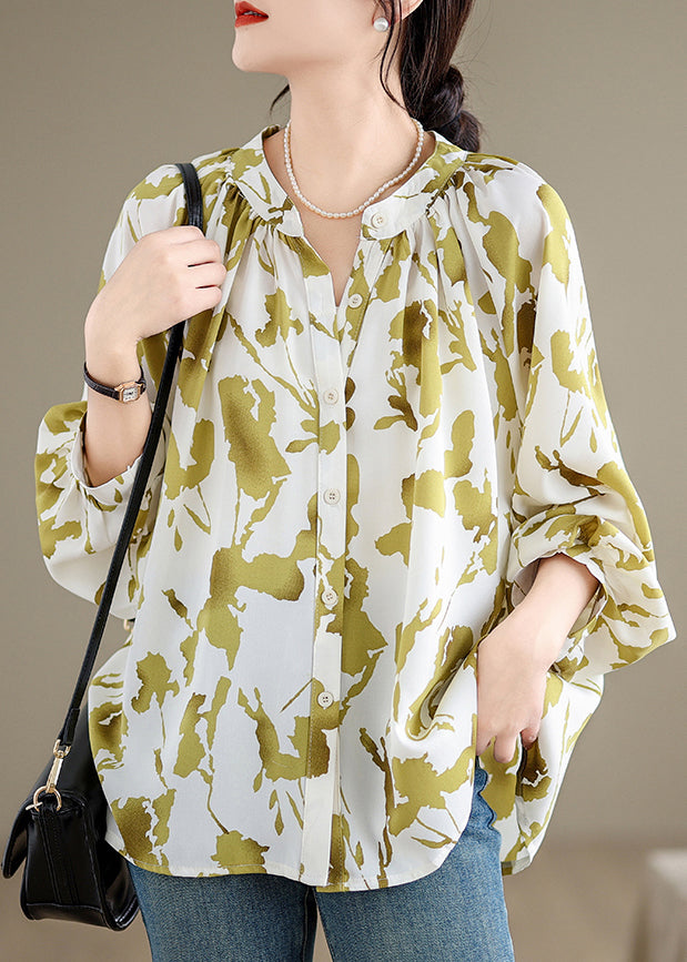 Grass Green Print Chiffon Shirts Oversized Lantern Sleeve