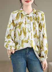 Grass Green Print Chiffon Shirts Oversized Lantern Sleeve