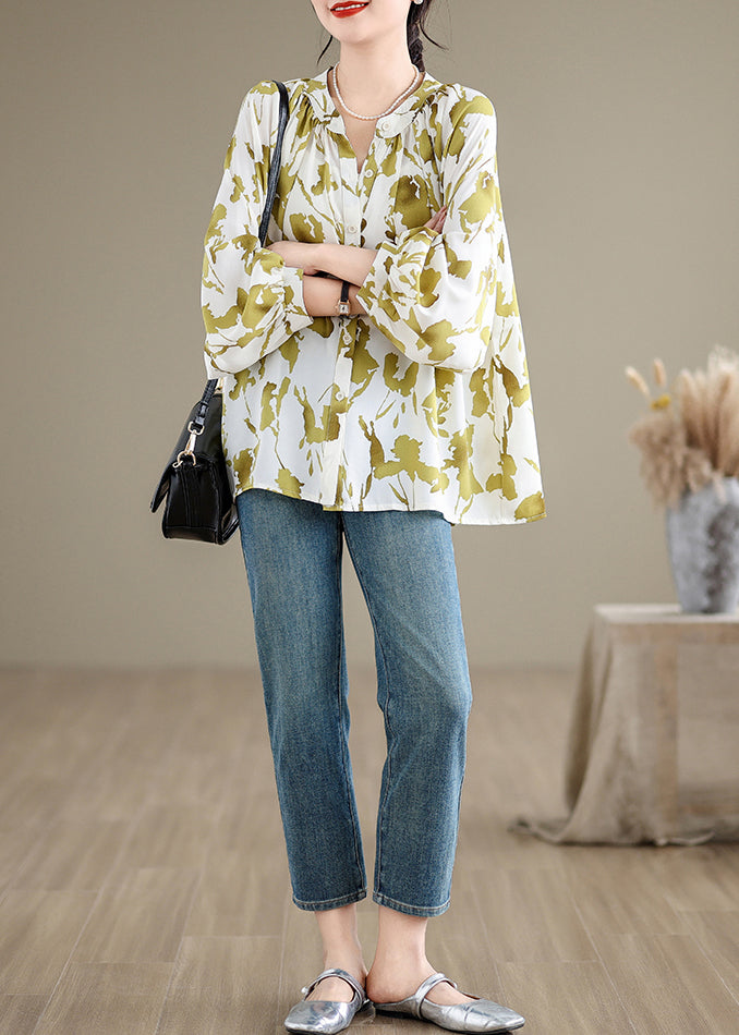 Grass Green Print Chiffon Shirts Oversized Lantern Sleeve