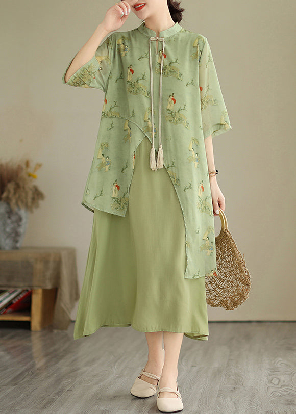 Grass Green Print Tasseled Dresses Asymmetrical Fake Two Piece Summer