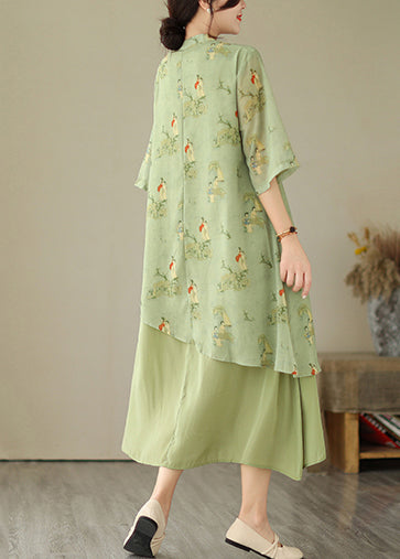 Grass Green Print Tasseled Dresses Asymmetrical Fake Two Piece Summer