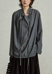 Grayish Blue Lace Up Solid Cotton Shirts Stand Collar