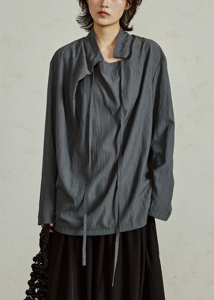 Grayish Blue Lace Up Solid Cotton Shirts Stand Collar