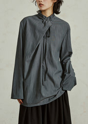 Grayish Blue Lace Up Solid Cotton Shirts Stand Collar